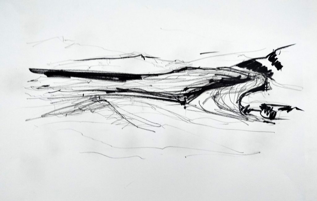 Kohlezeichnung aus der Serie Körper-Topographie, zeigt lineare Strukturen und Bewegungen, die den menschlichen Körper als landschaftliche Form andeuten, entstanden 2025 in Eschwege, Bettina Zimmermann.