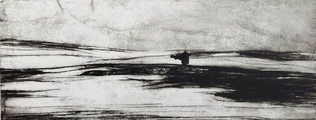 Kaltnadelradierung aus der Serie Landschaft / Dünen, zeigt abstrahierte Dünenformen und fließende Linienbewegungen, entstanden 2025 in Eschwege, Bettina Zimmermann.