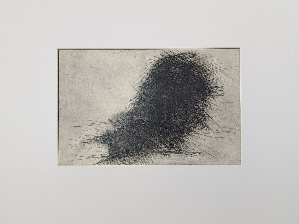 Formkerne, Serie experimenteller Kaltnadelarbeiten von Bettina Zimmermann mit verdichteten schwarzen Linienfeldern auf hellem Grund.