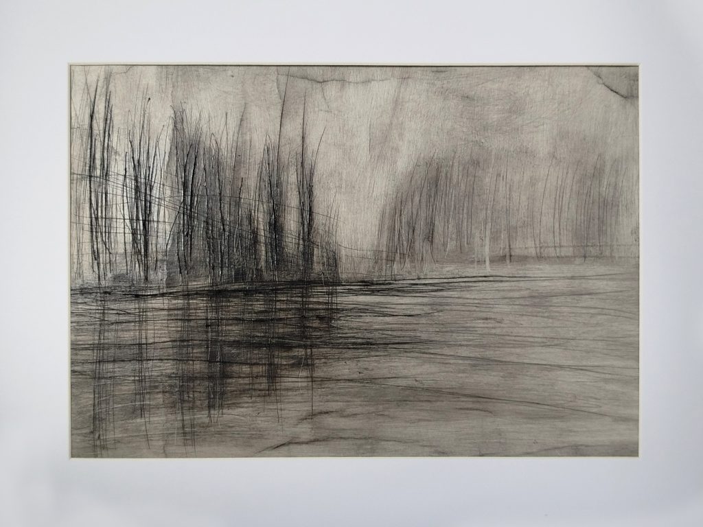 Raumlandschaften, experimentelle Kaltnadelarbeit von Bettina Zimmermann mit Wasserfläche, vertikalen Linien und räumlicher Tiefe.