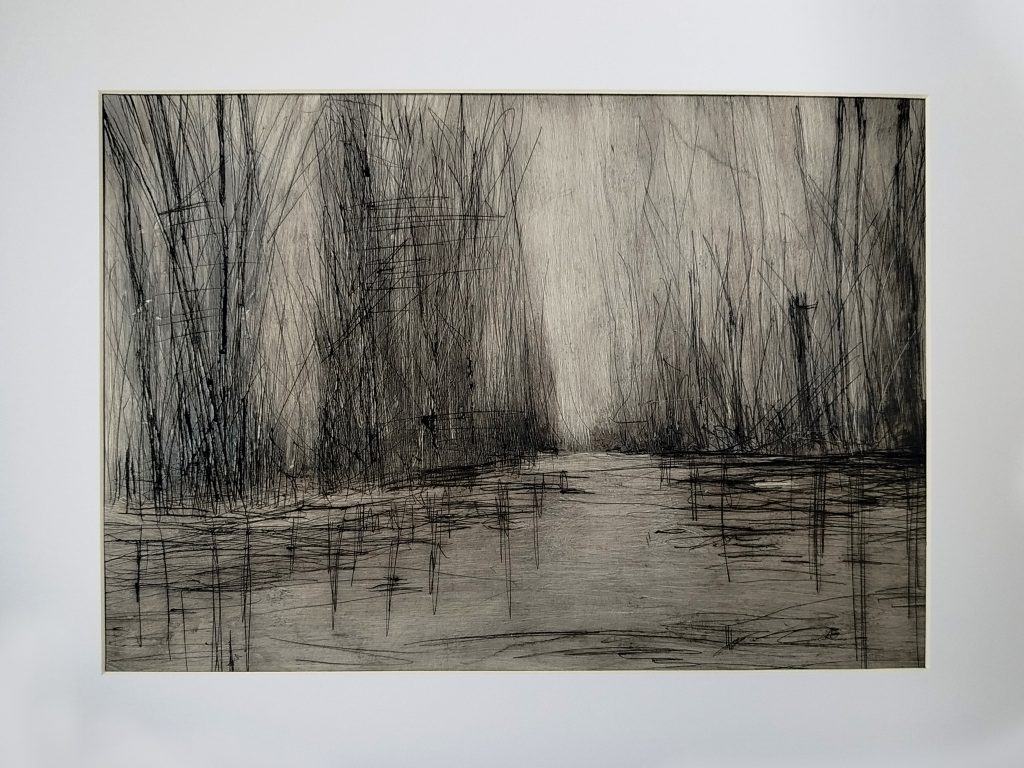 Kaltnadelverfahren auf PE-beschichtetem Abdeckpapier mit Druckfarbe von Bettina Zimmermann. Experimentelle Druckgrafik mit Schilfstruktur und Wasserfläche.