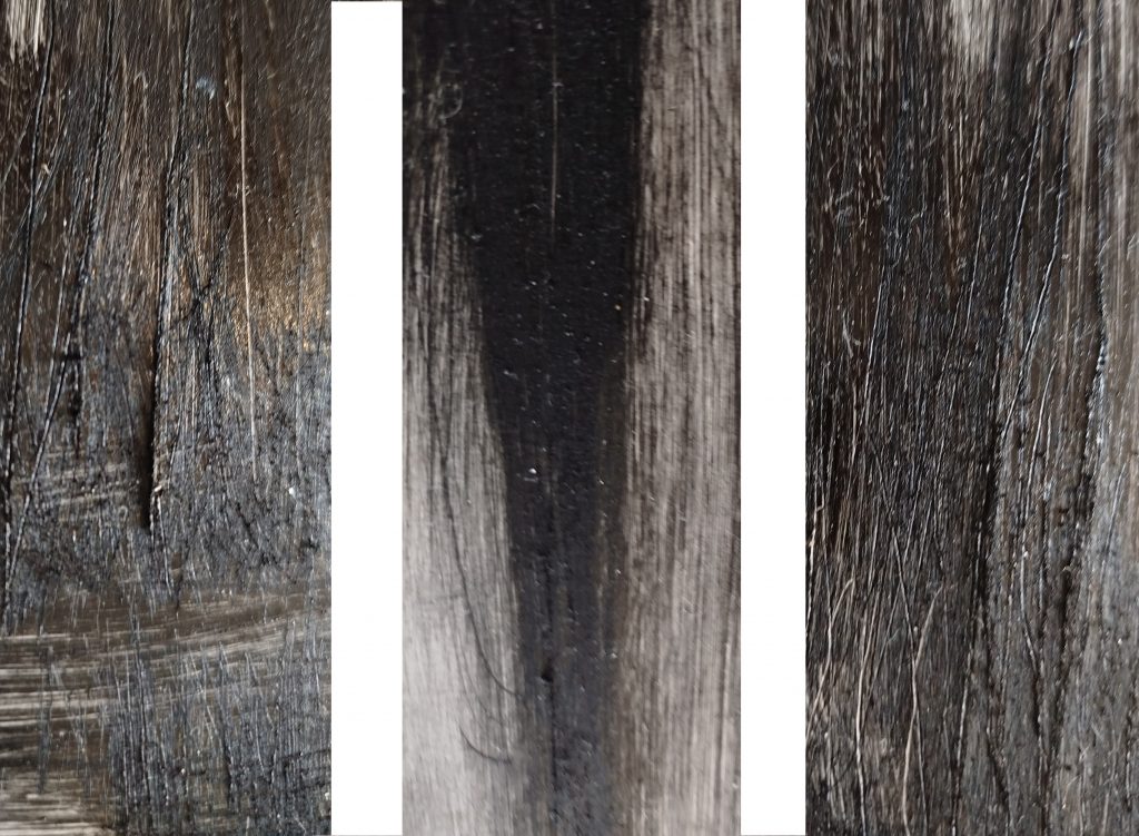 Detailaufnahme aus Nachtfelder von Bettina Zimmermann mit eingeritzten Linien, Verdichtungen, Schleifspuren und bearbeiteter Oberfläche.