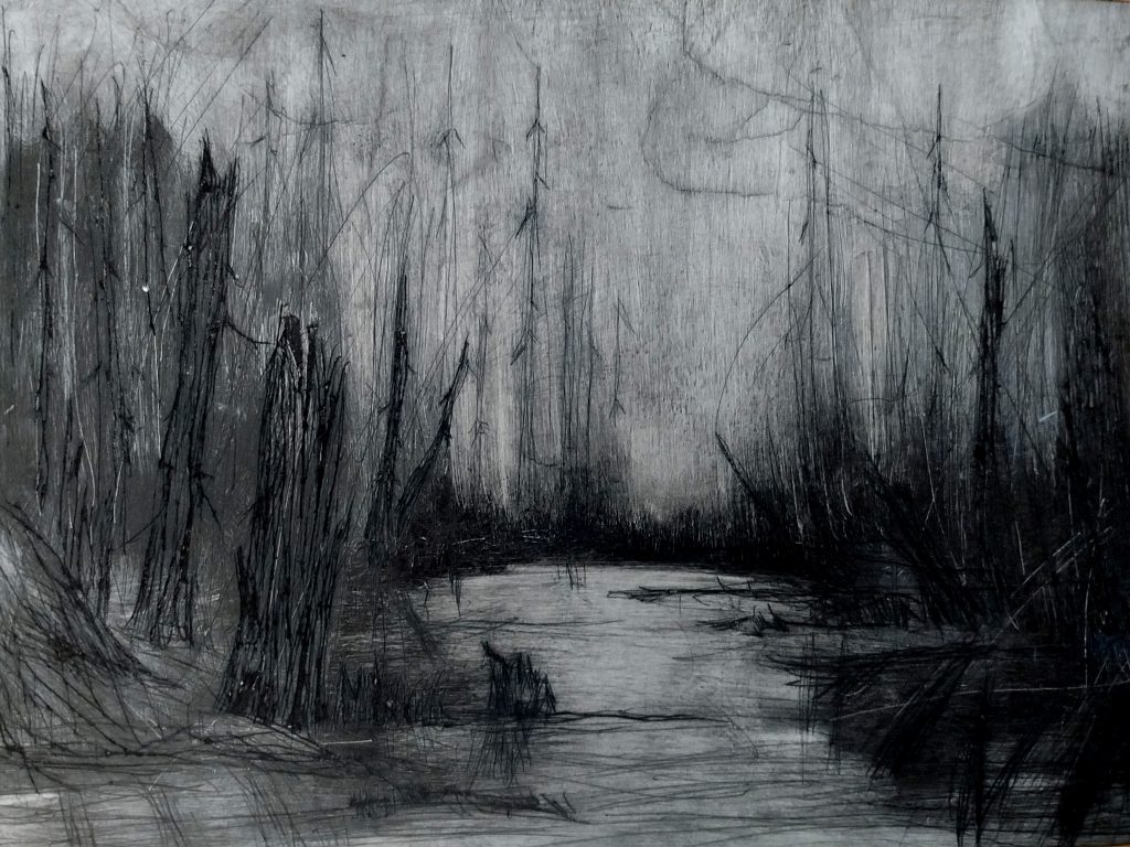 Verdrängte Landschaft, Kaltnadelarbeit von Bettina Zimmermann mit Gewässer, vertikalen Strukturen und abstrahierter Landschaft.